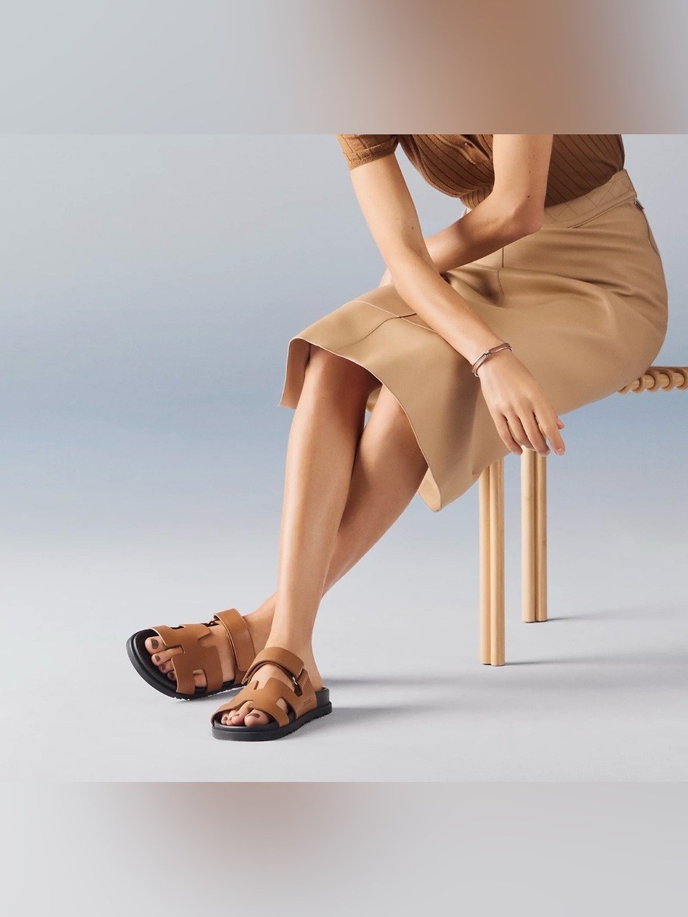 Hermes Tan Leather H-strap Slide Sandals — Women